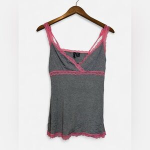 Y2K Striped Tank Top with Pink Lace Trim